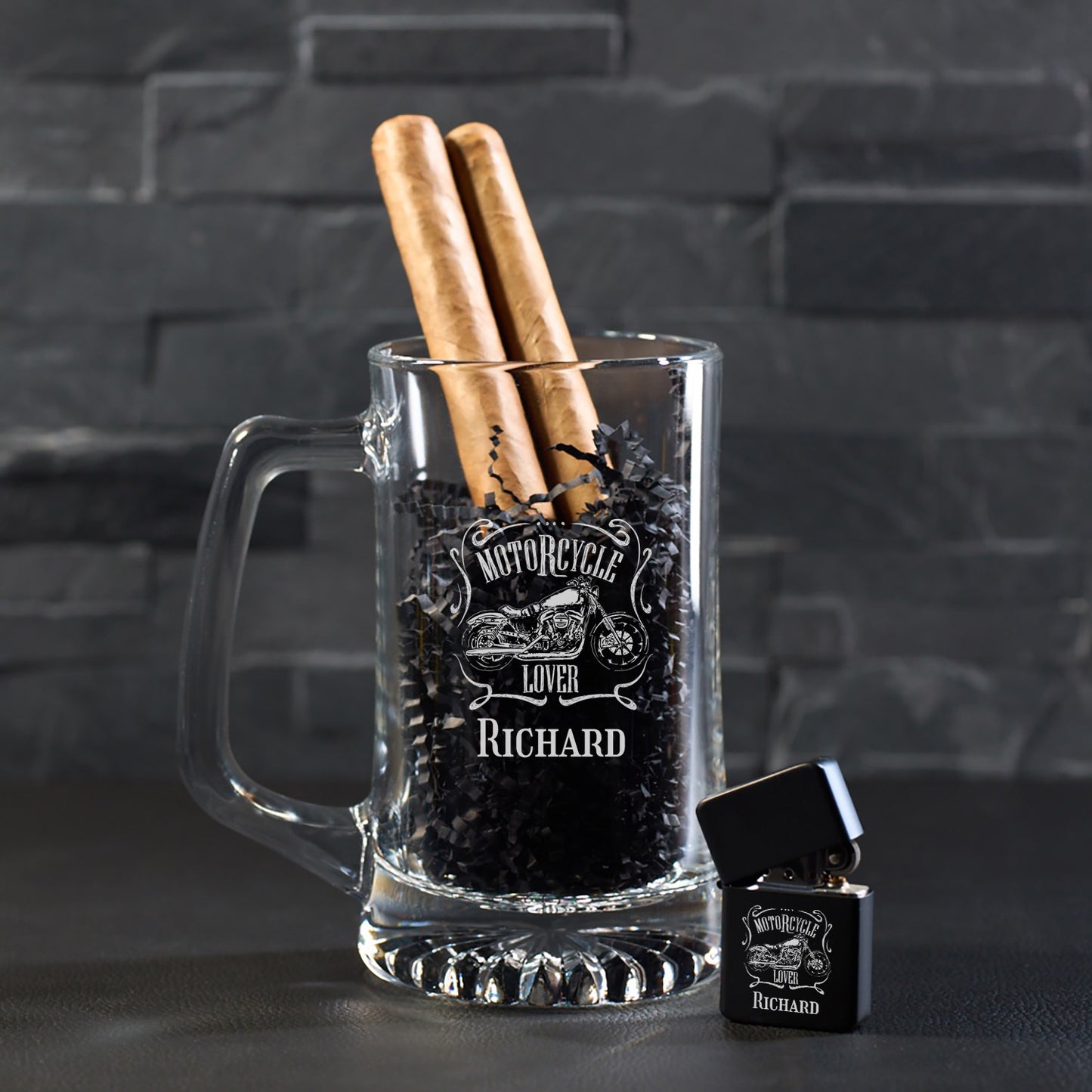 Motorcycle Rider Personalized Cigar Lighter & Super Size Beer Mug Gift Set