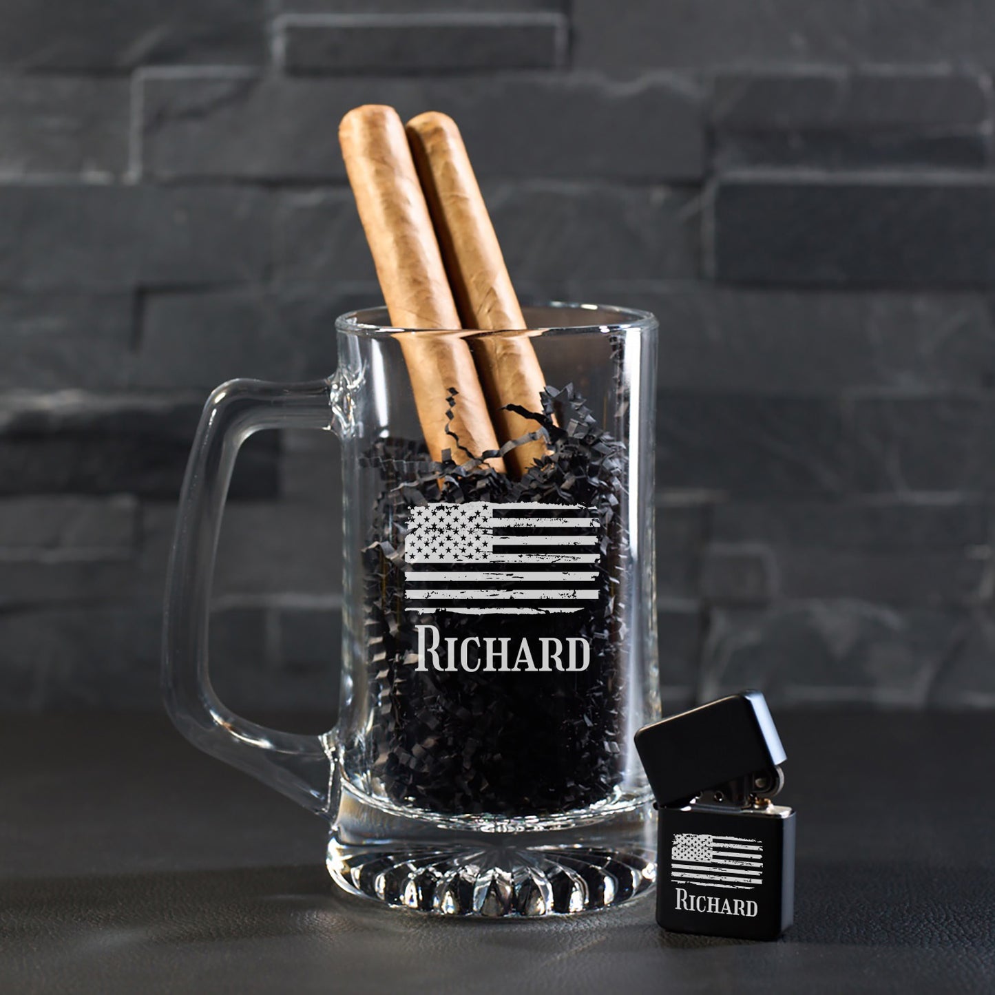 Patriotic Personalized Cigar Lighter & Super Size Beer Mug Gift Set