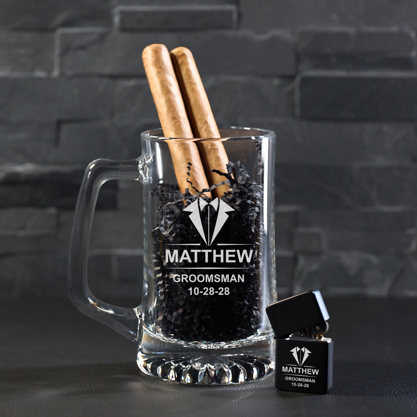 Groomsmen Personalized Cigar Lighter & Super Size Beer Mug Gift Set