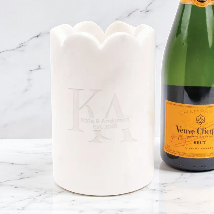 Monogram Engraved Scalloped Marble Wine & Champagne Chiller and Scalloped Marble Cheese Board