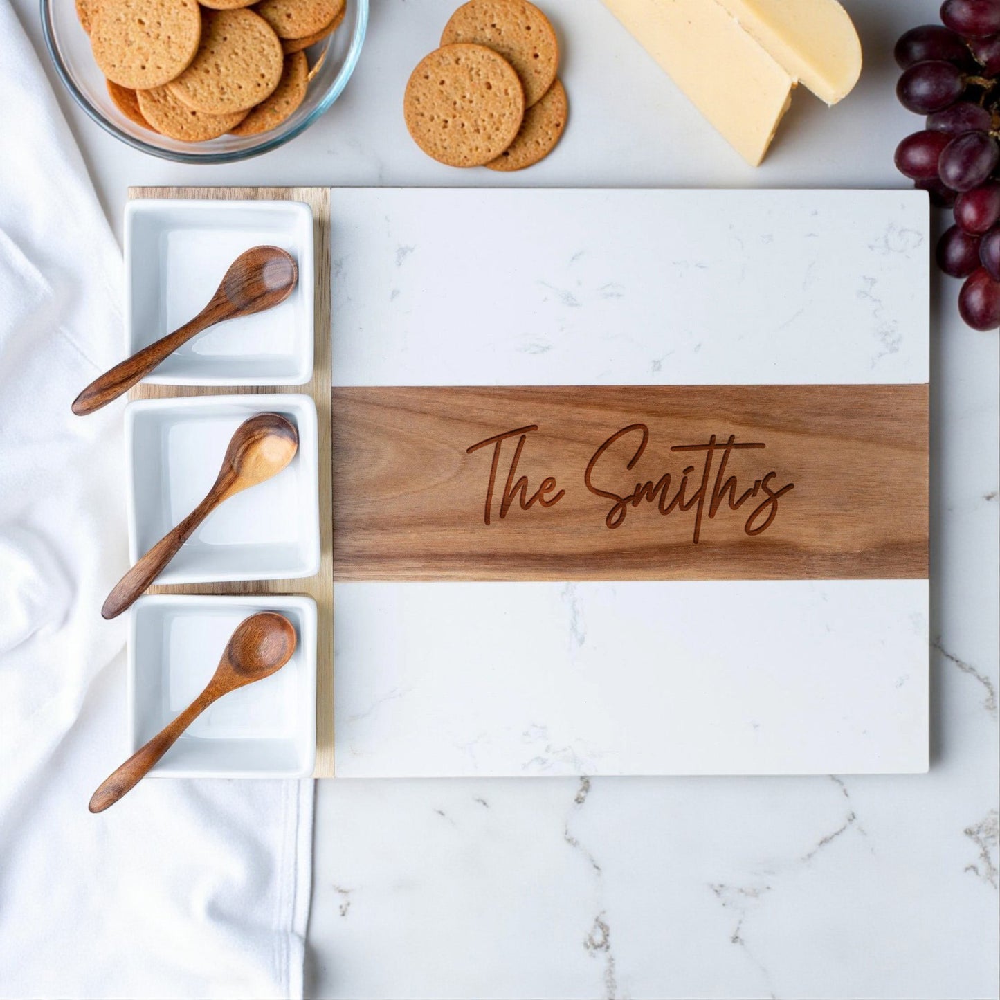 Signature Engraved Wood and Marble Appetizer Serving Platter