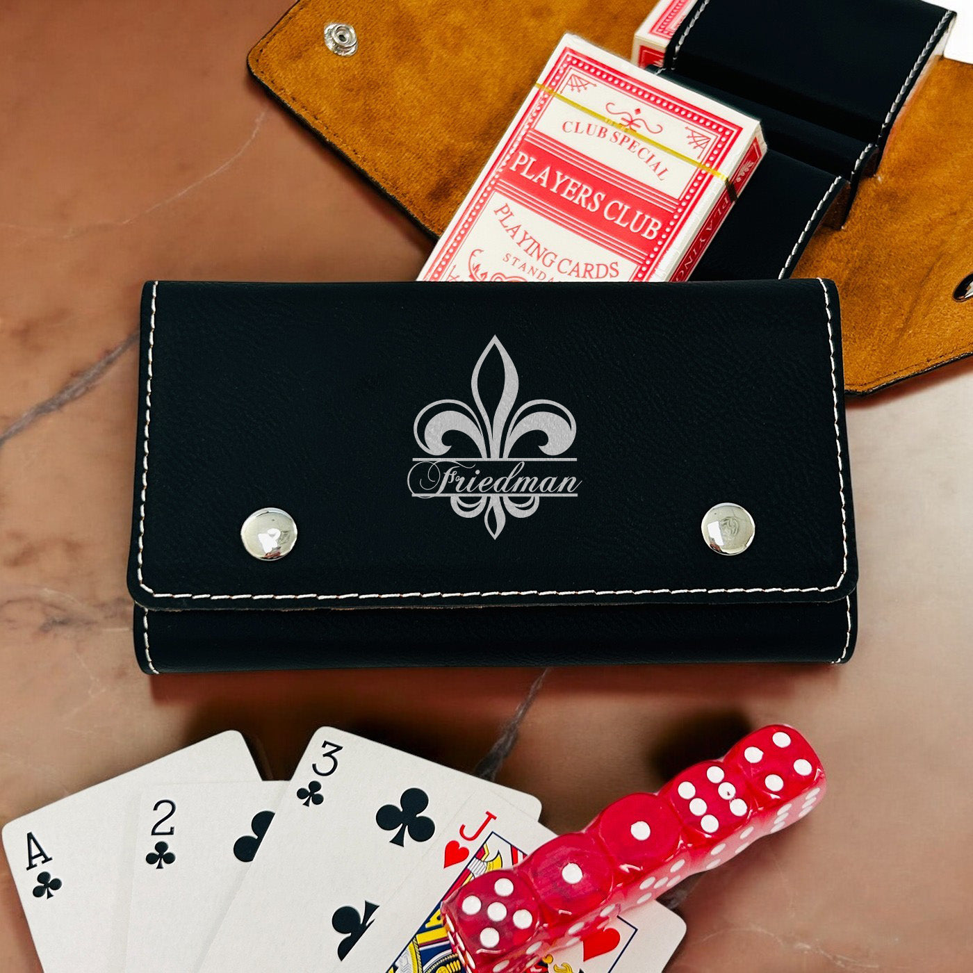 Fleur De Lis Personalized Leather Travel Case with Playing Cards and Dice Set