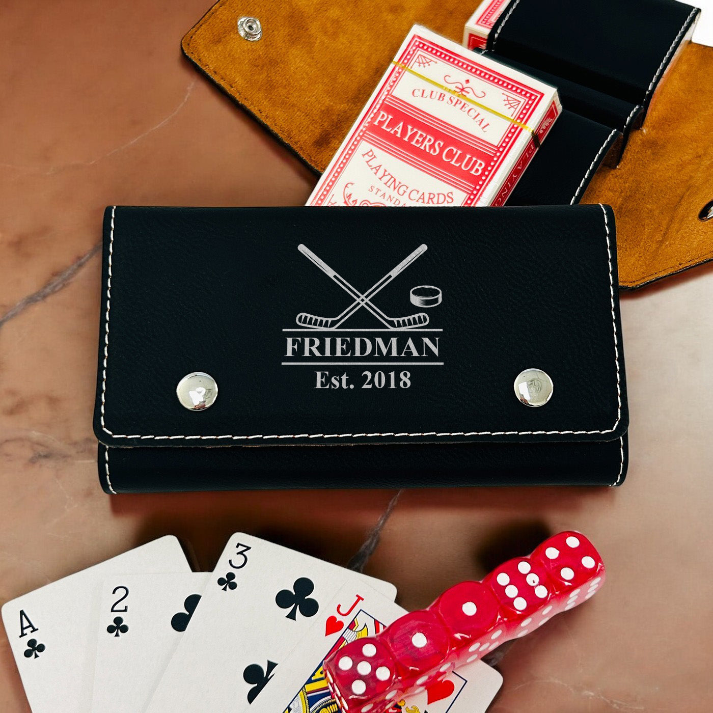 Hockey Personalized Leather Travel Case with Playing Cards and Dice Set