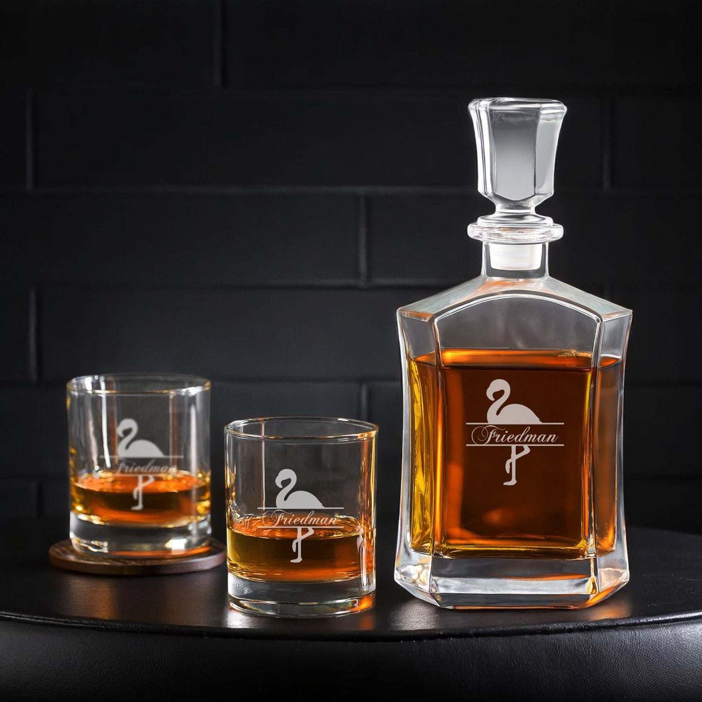 Flamingo Personalized Whiskey Decanter with Whiskey Rocks Glasses Set - 3pc