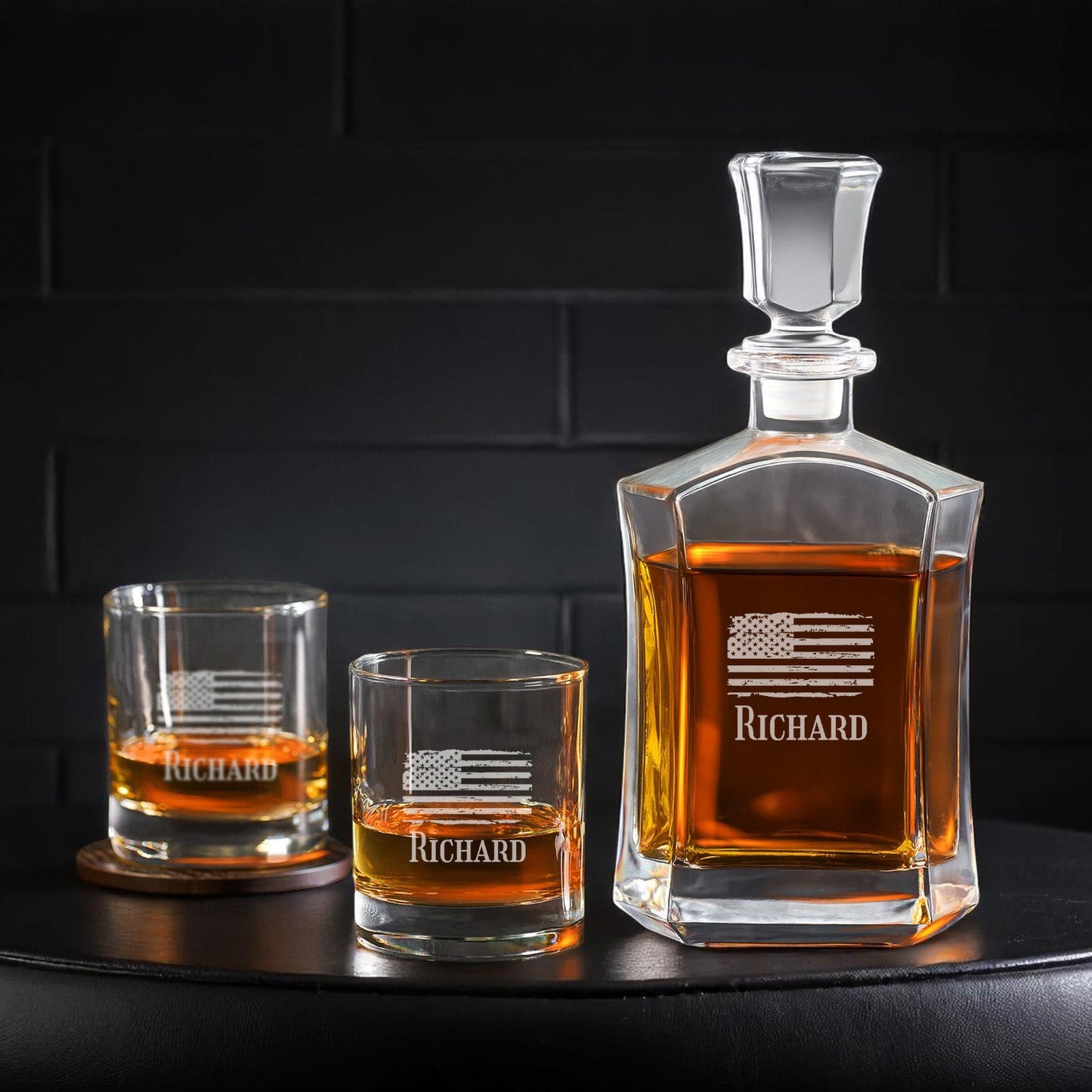 Patriotic Military Personalized Whiskey Decanter with Whiskey Rocks Glasses Set - 3pc