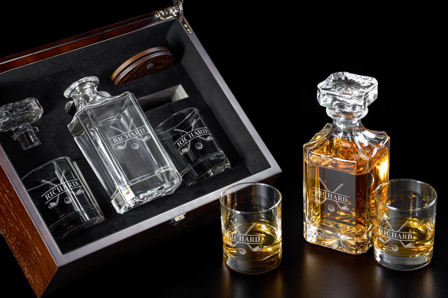 Golf Personalized Classic Whiskey Decanter with Glasses Gift Set
