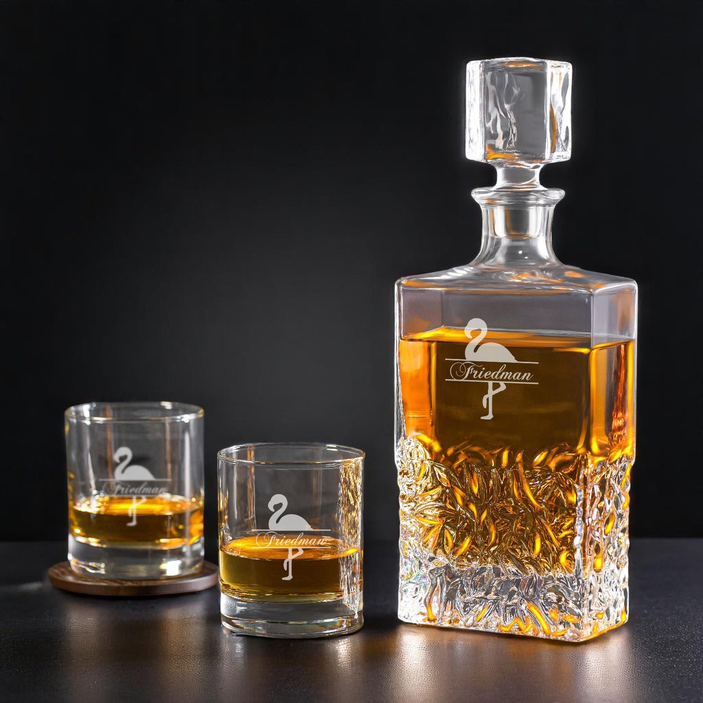 Flamingo Personalized Whiskey Decanter with Whiskey Rocks Glasses Set - 3pc