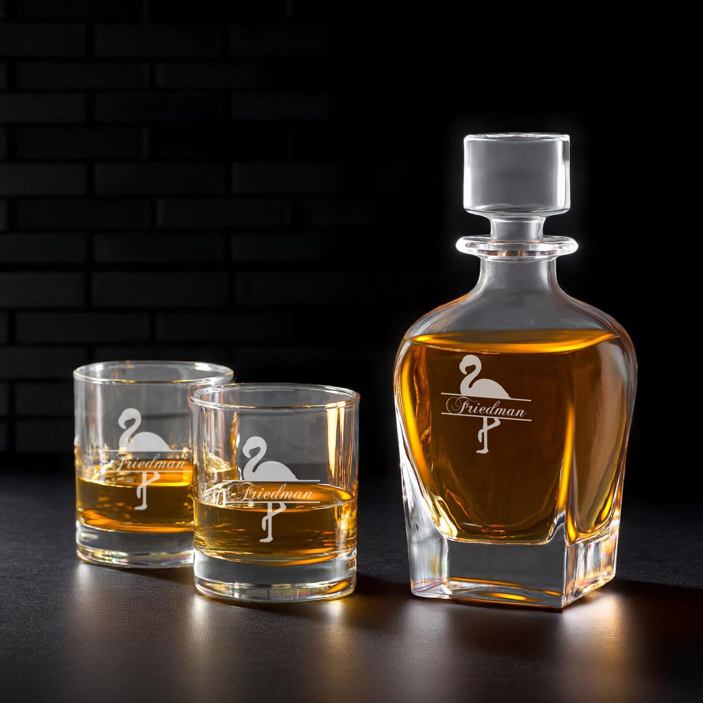 Flamingo Personalized Whiskey Decanter with Whiskey Rocks Glasses Set - 3pc
