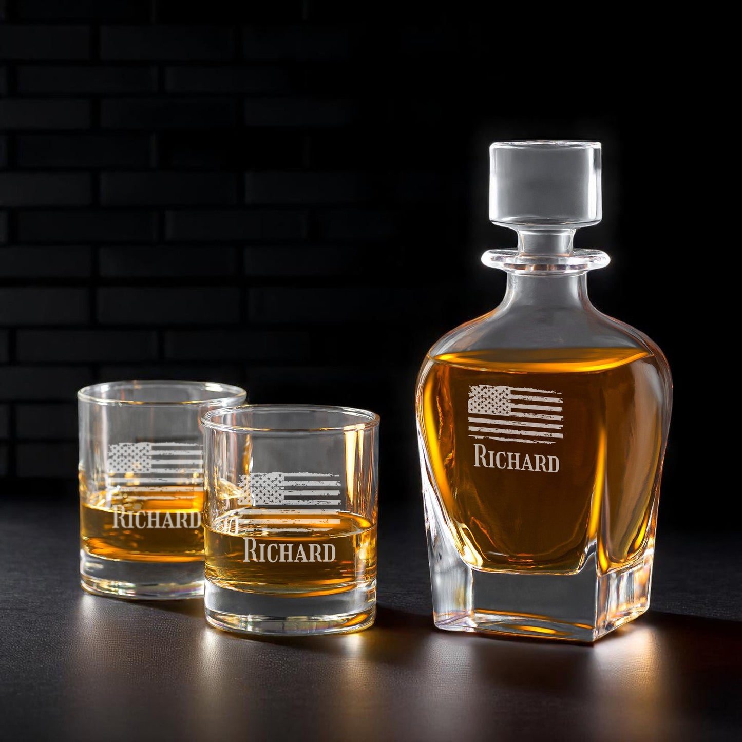 Patriotic Military Personalized Whiskey Decanter with Whiskey Rocks Glasses Set - 3pc