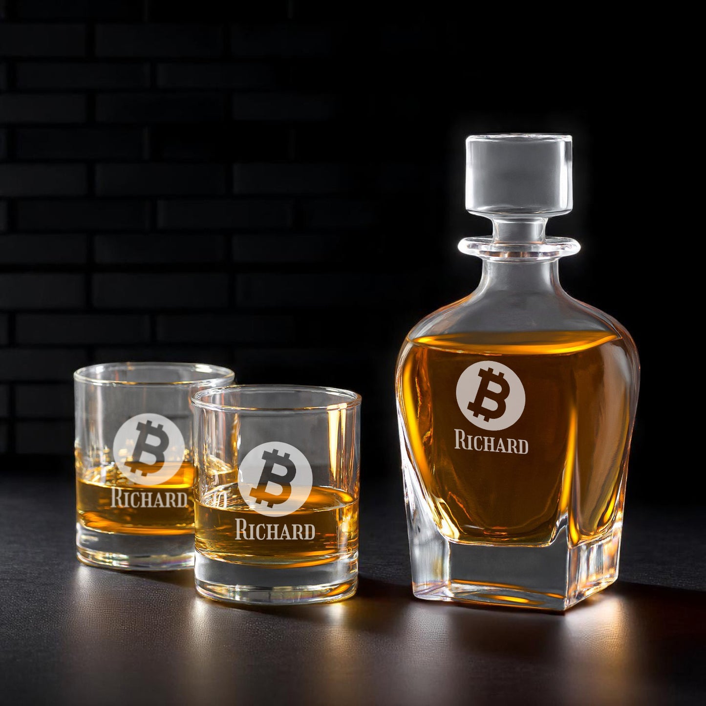Bitcoin Personalized Whiskey Decanter with Whiskey Rocks Glasses Set - 3pc