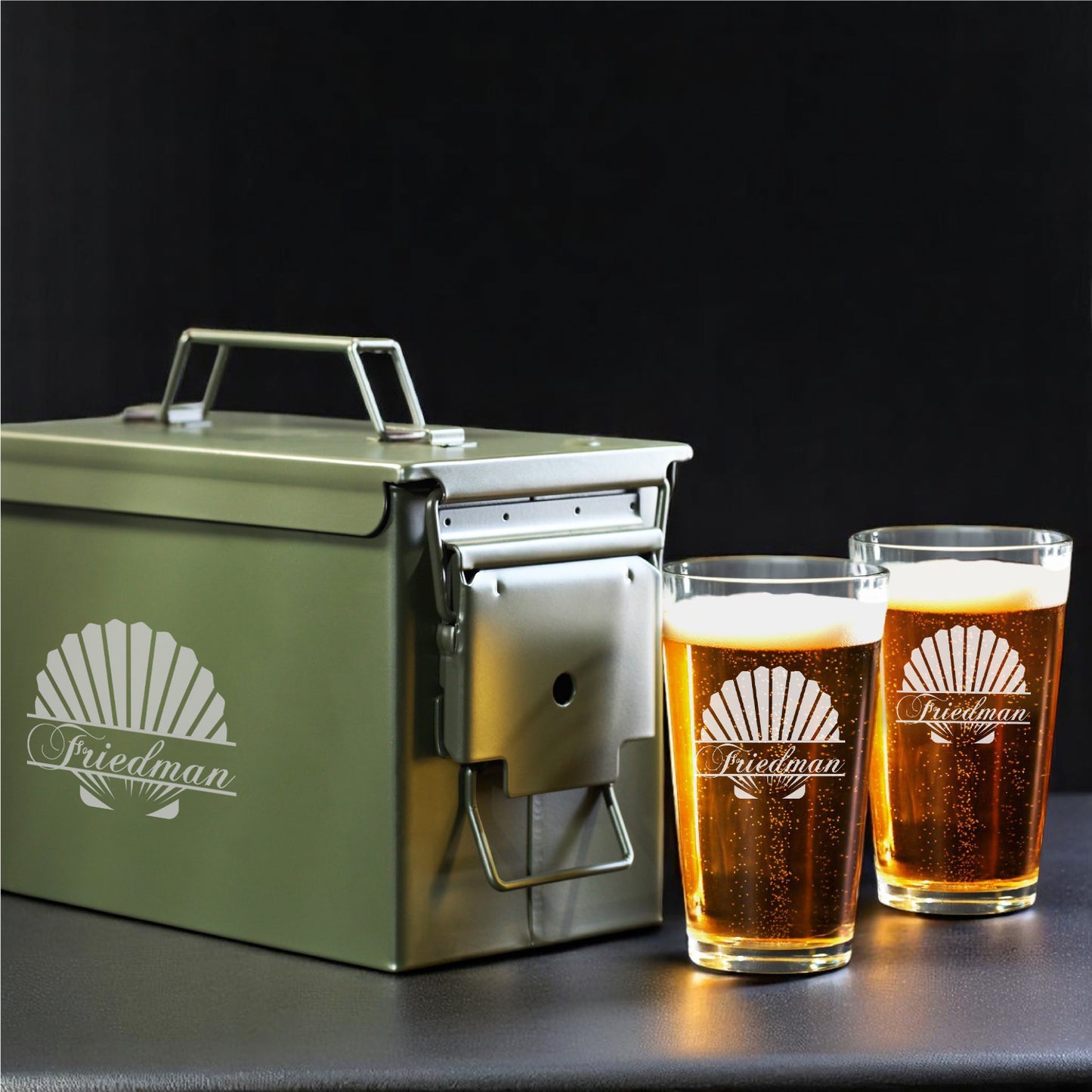 Seashell Personalized 50 Caliber Ammo Box with Pint Glasses Set - 3pc