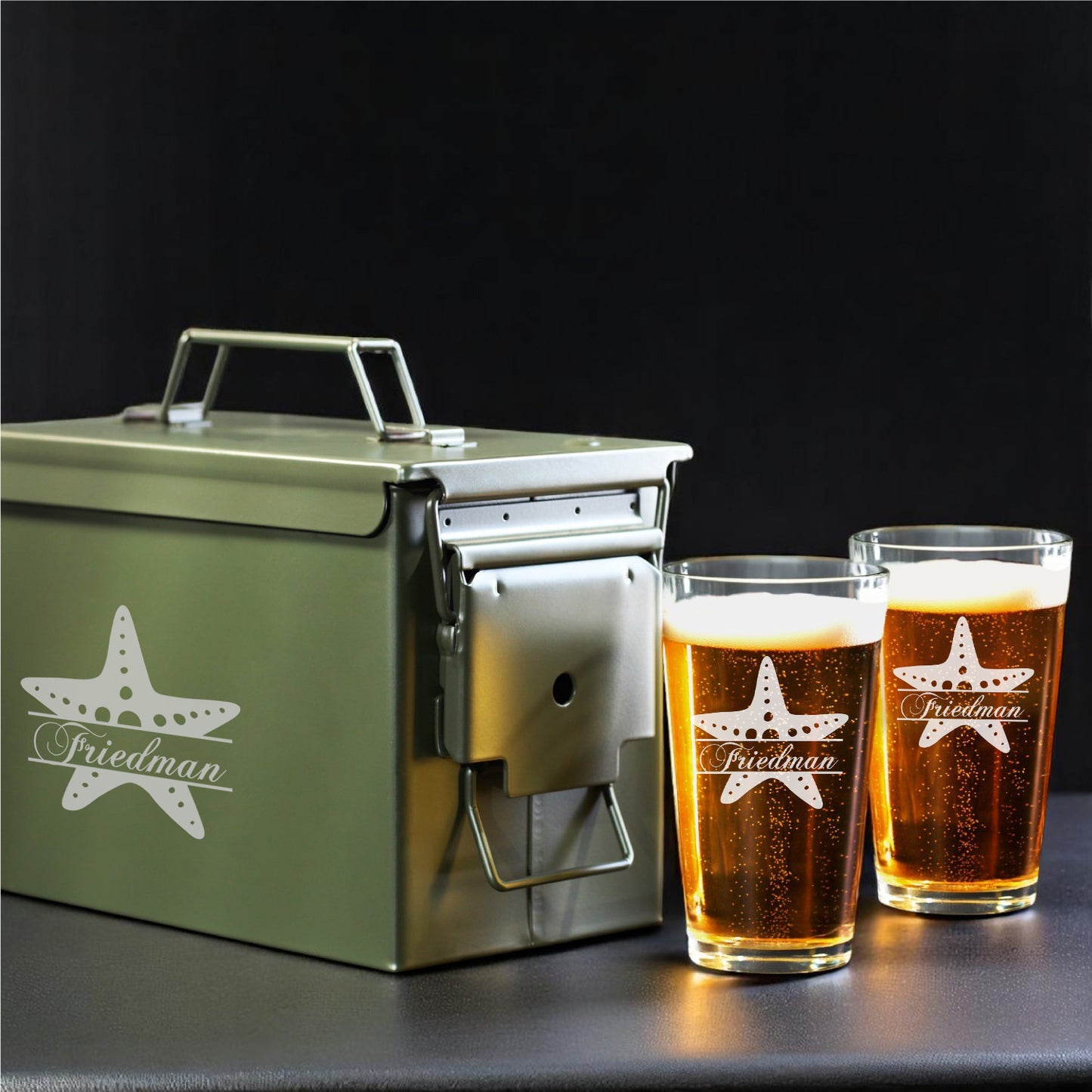 Starfish Personalized 50 Caliber Ammo Box with Pint Glasses Set - 3pc