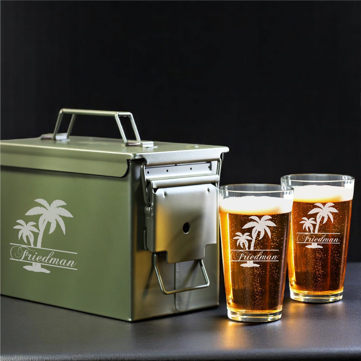 Palm Tree Personalized 50 Caliber Ammo Box with Pint Glasses Set - 3pc