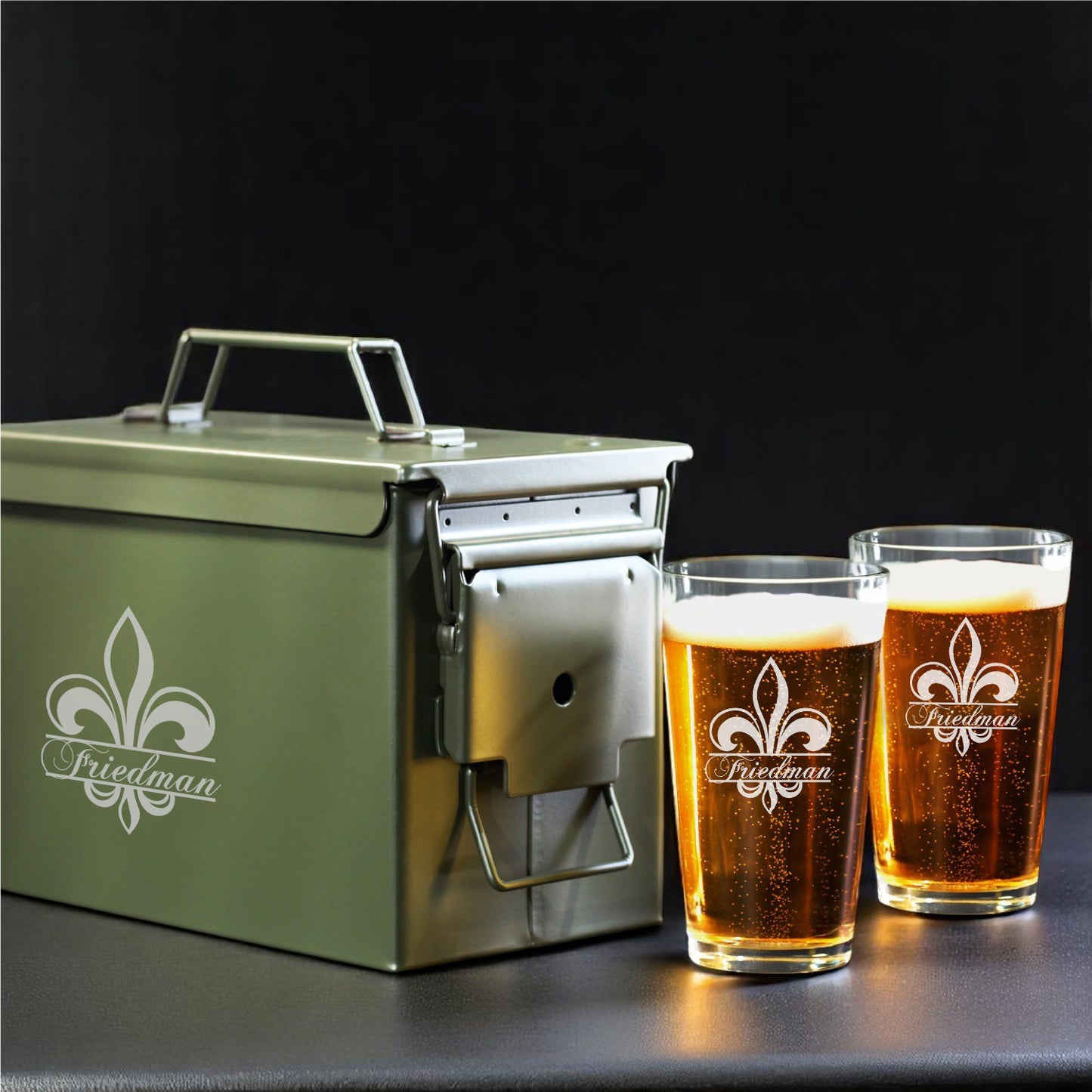 Fleur De Lis Personalized 50 Caliber Ammo Box with Pint Glasses Set - 3pc