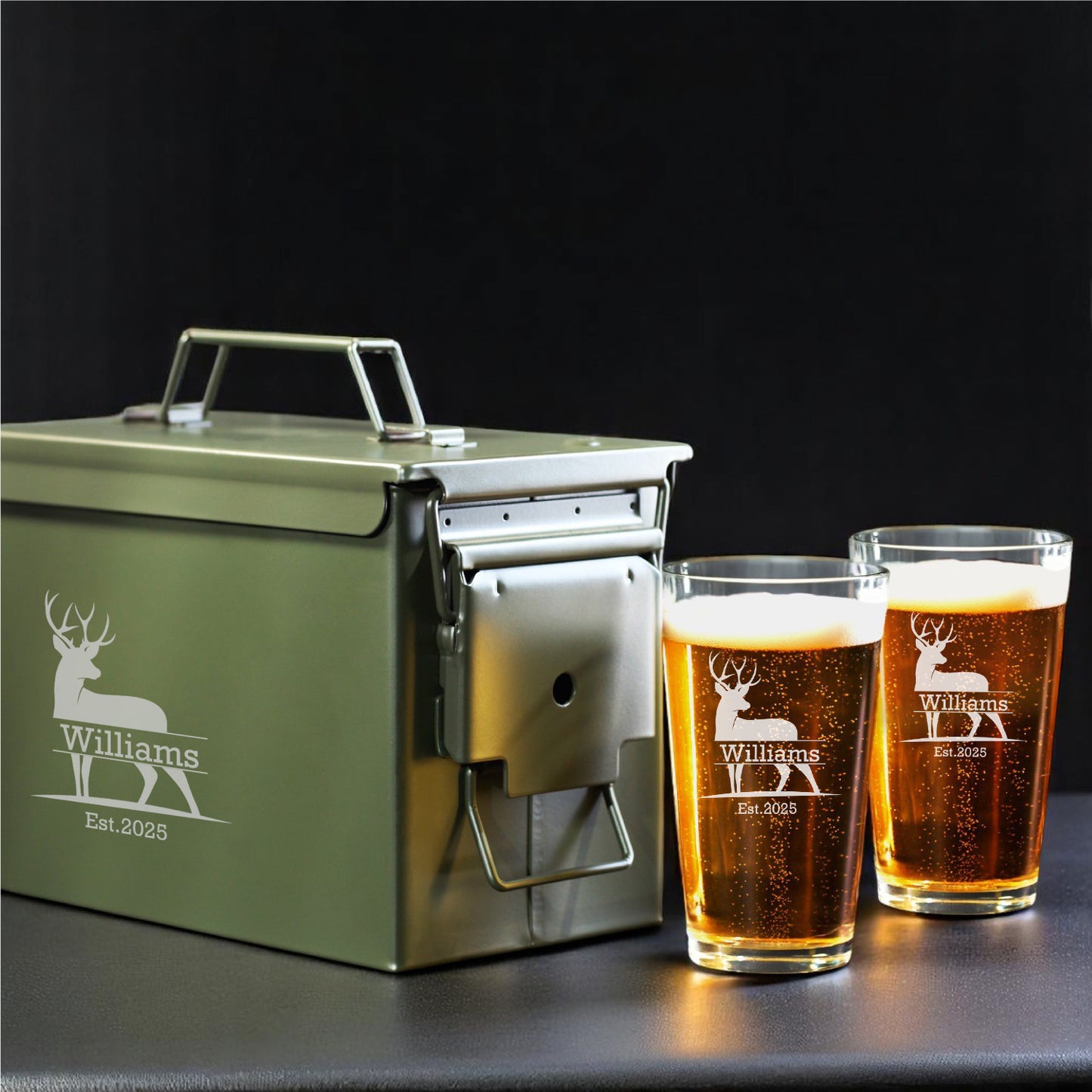 Hunting Personalized 50 Caliber Ammo Box with Pint Glasses Set - 3pc