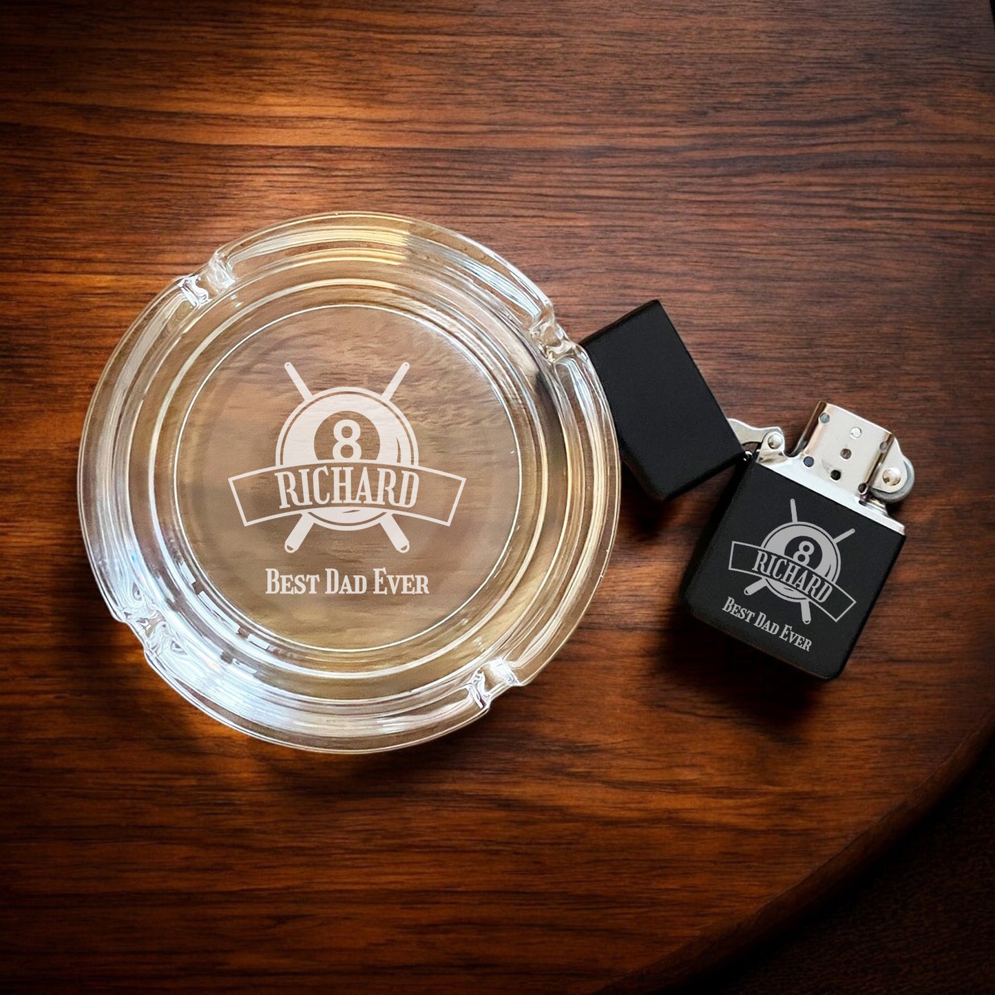 Pool Billiard Eight-Ball Personalized Cigarette Ashtray and Lighter