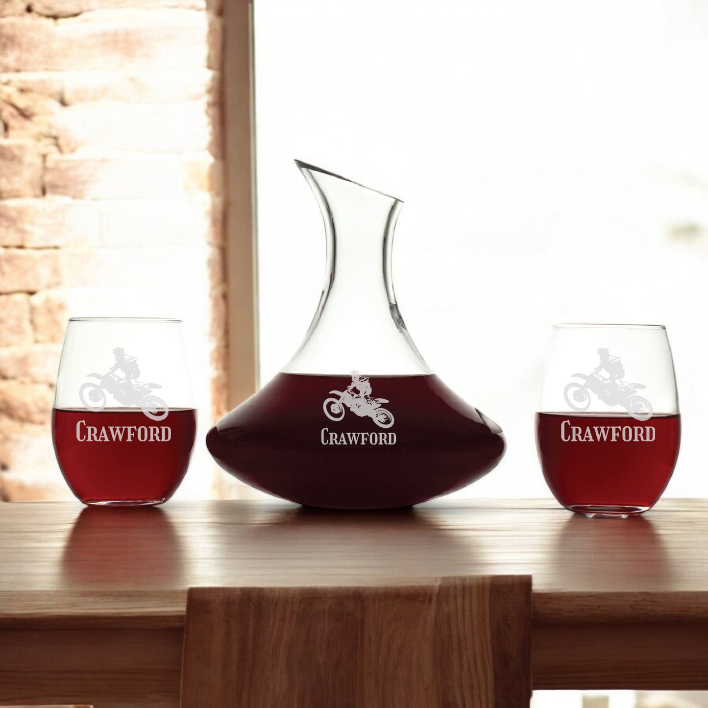 Motorcycle Rider Personalized Wine Decanter with Stemless Wine Glass Set