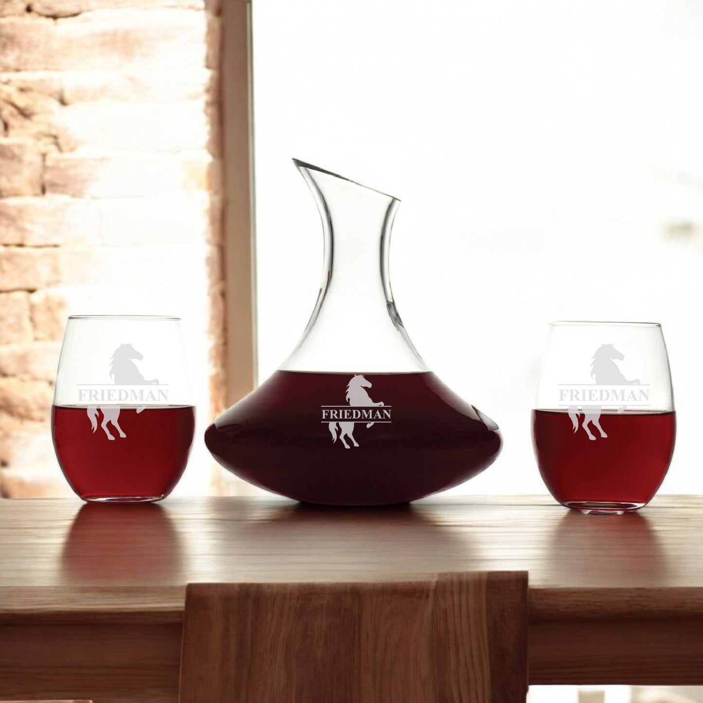 Equestrian Horse Personalized Wine Decanter with Stemless Wine Glass Set