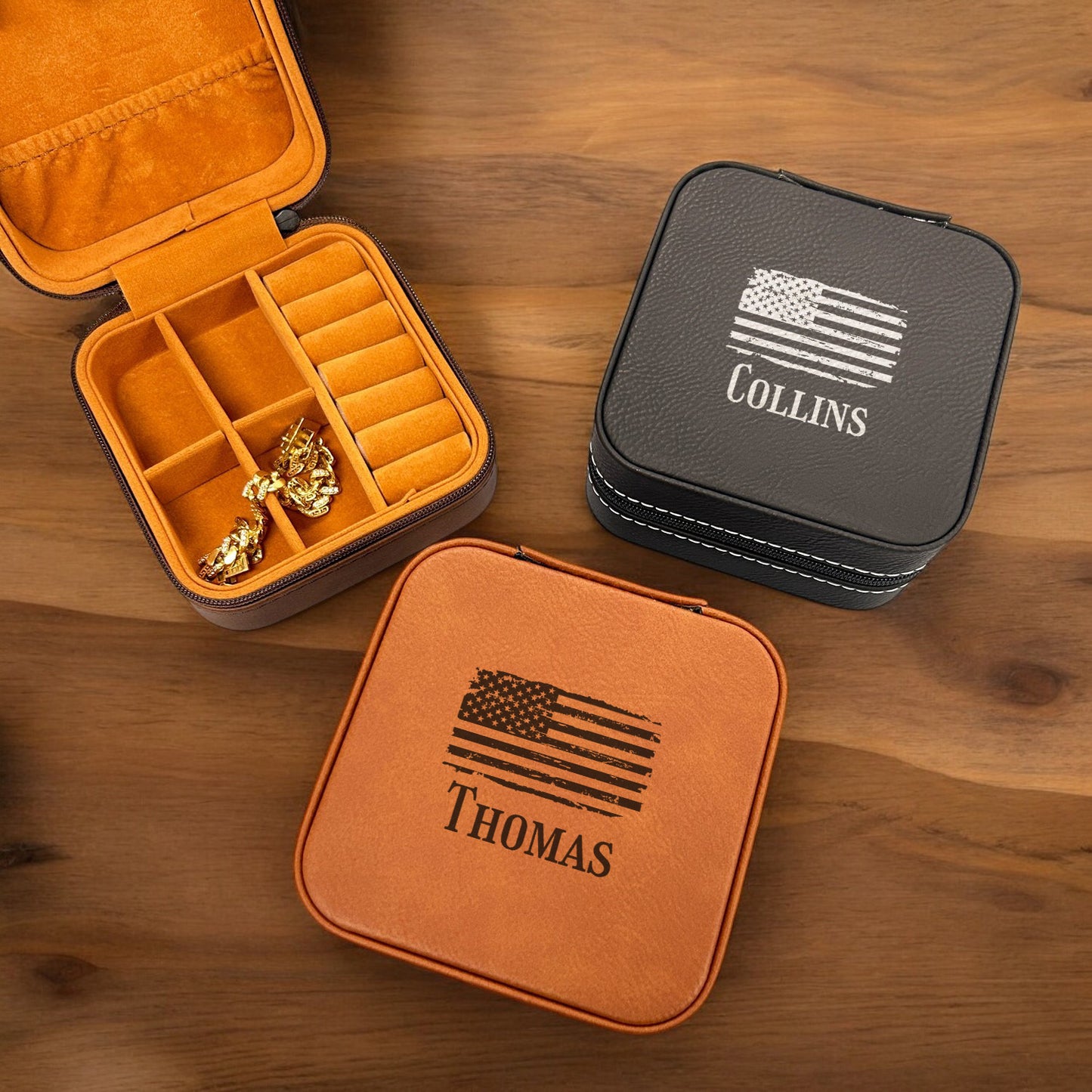 Patriotic Military Personalized Leather Travel Jewelry Case