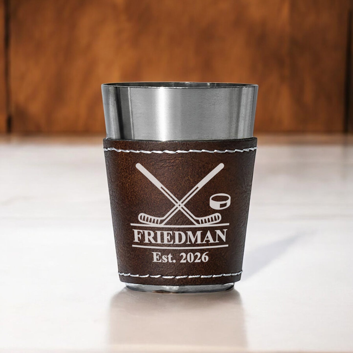 Hockey Personalized Leather Stainless Steel Shot Glass