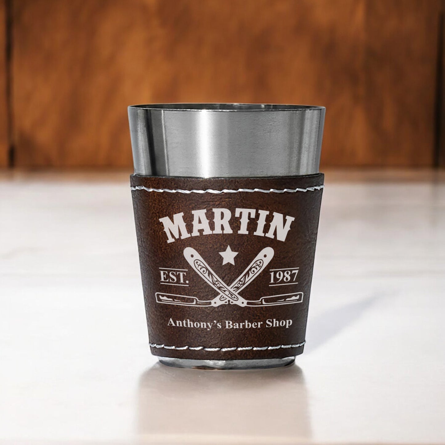 Barber Personalized Leather Stainless Steel Shot Glass