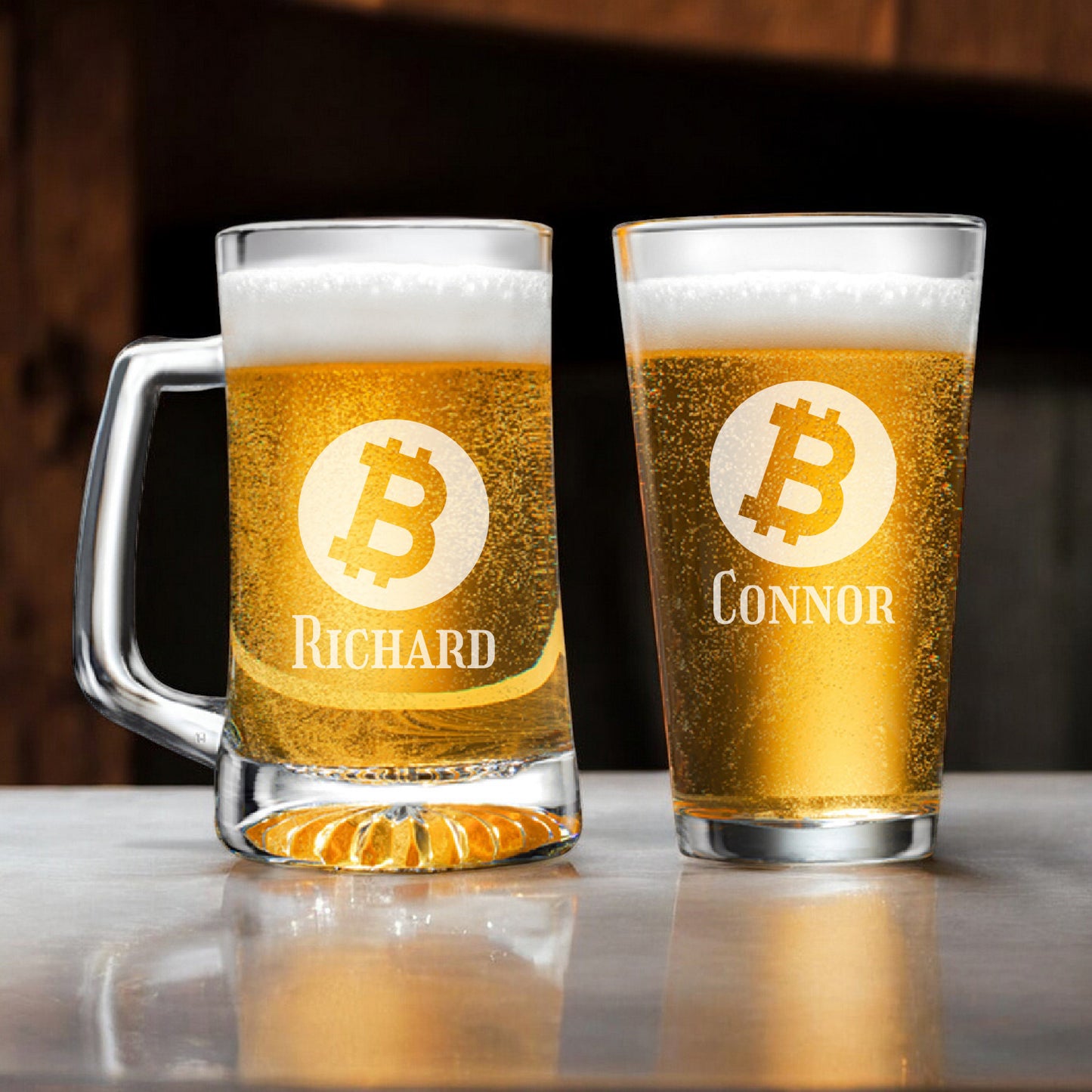 Bitcoin Crypto Personalized Beer Mug and Beer Pint Glass Set