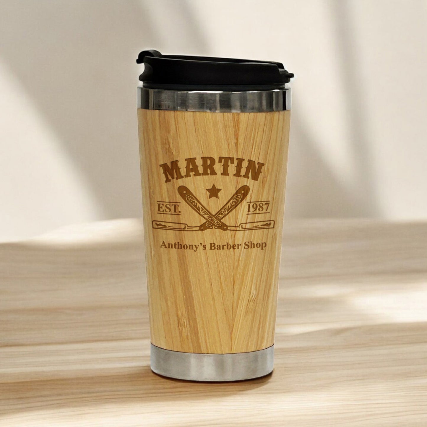 Barber Personalized 15 oz Bamboo Stainless Steel Tumbler