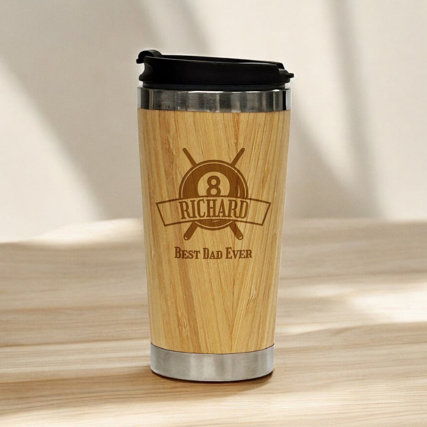 Pool Billiard Eight-Ball Personalized 15 oz Bamboo Stainless Steel Tumbler