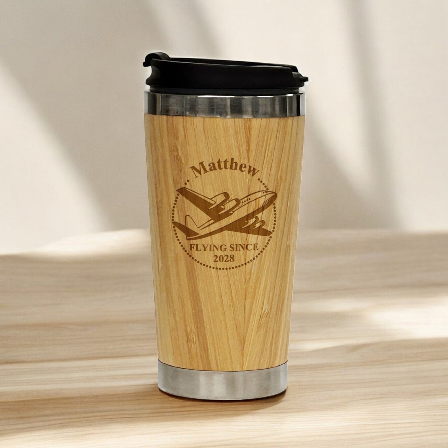 Aviator Pilot Personalized 15 oz Bamboo Stainless Steel Tumbler
