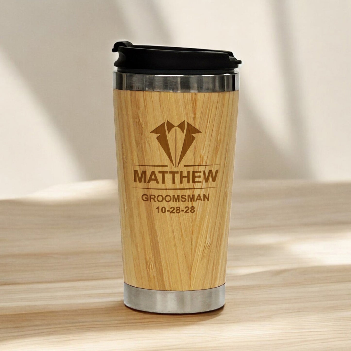 Groomsmen Personalized 15 oz Bamboo Stainless Steel Tumbler