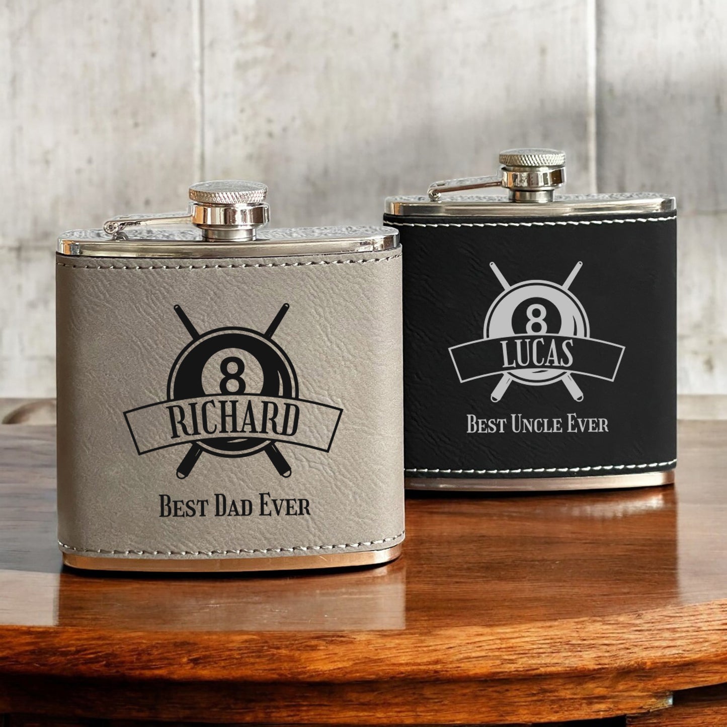 Pool Billiard Eight-Ball Personalized Leather Wrapped Flask