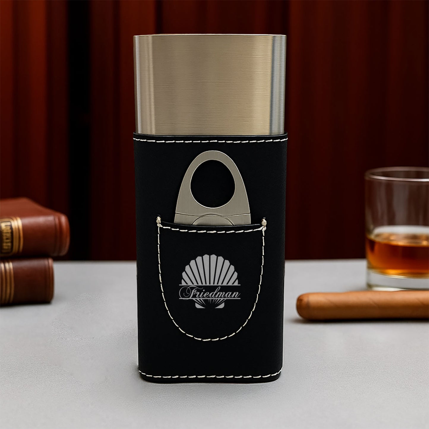 Seashell Personalized Travel Cigar Case with Cutter - Custom Cigar Gift Set