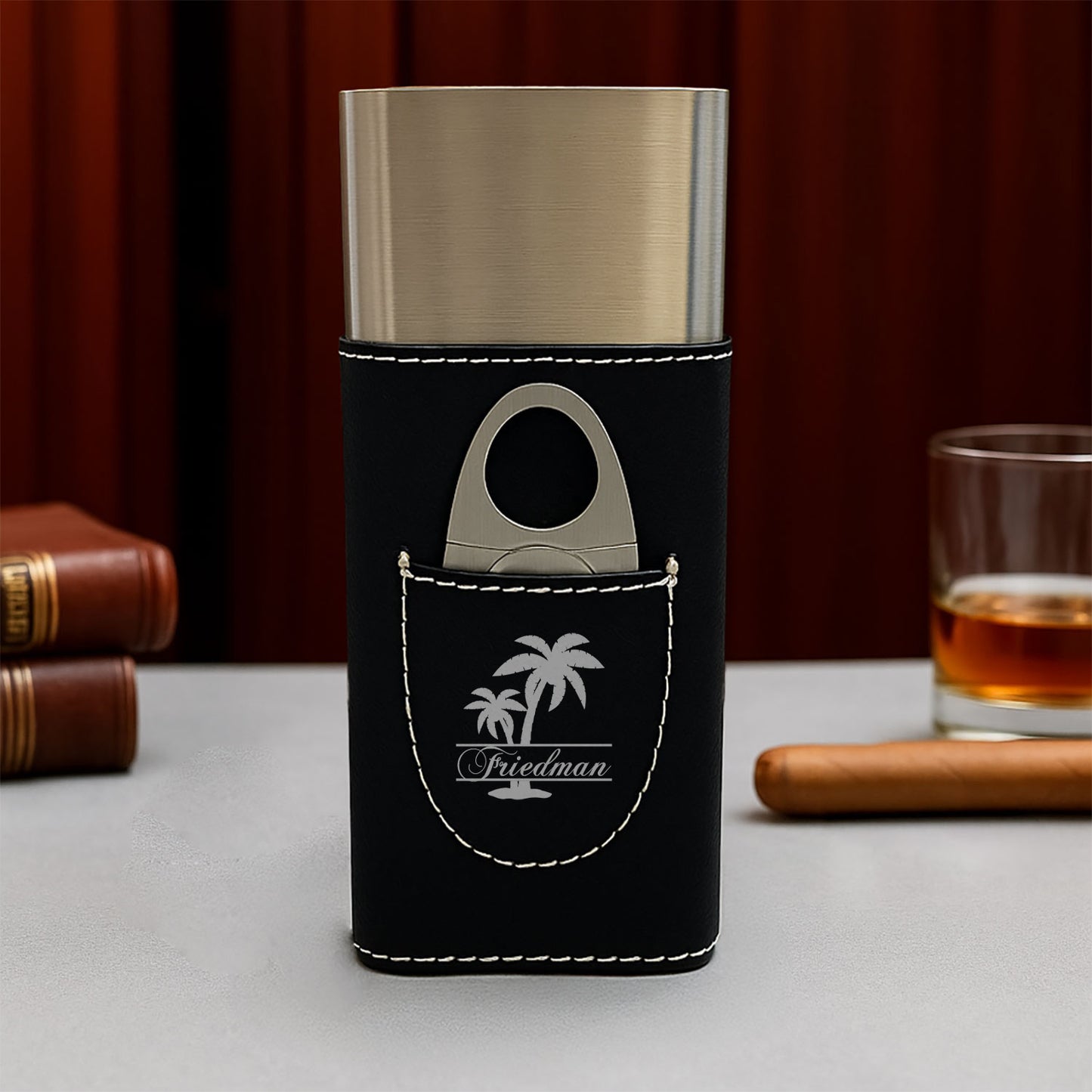 Palm Tree Personalized Travel Cigar Case with Cutter - Custom Cigar Gift Set