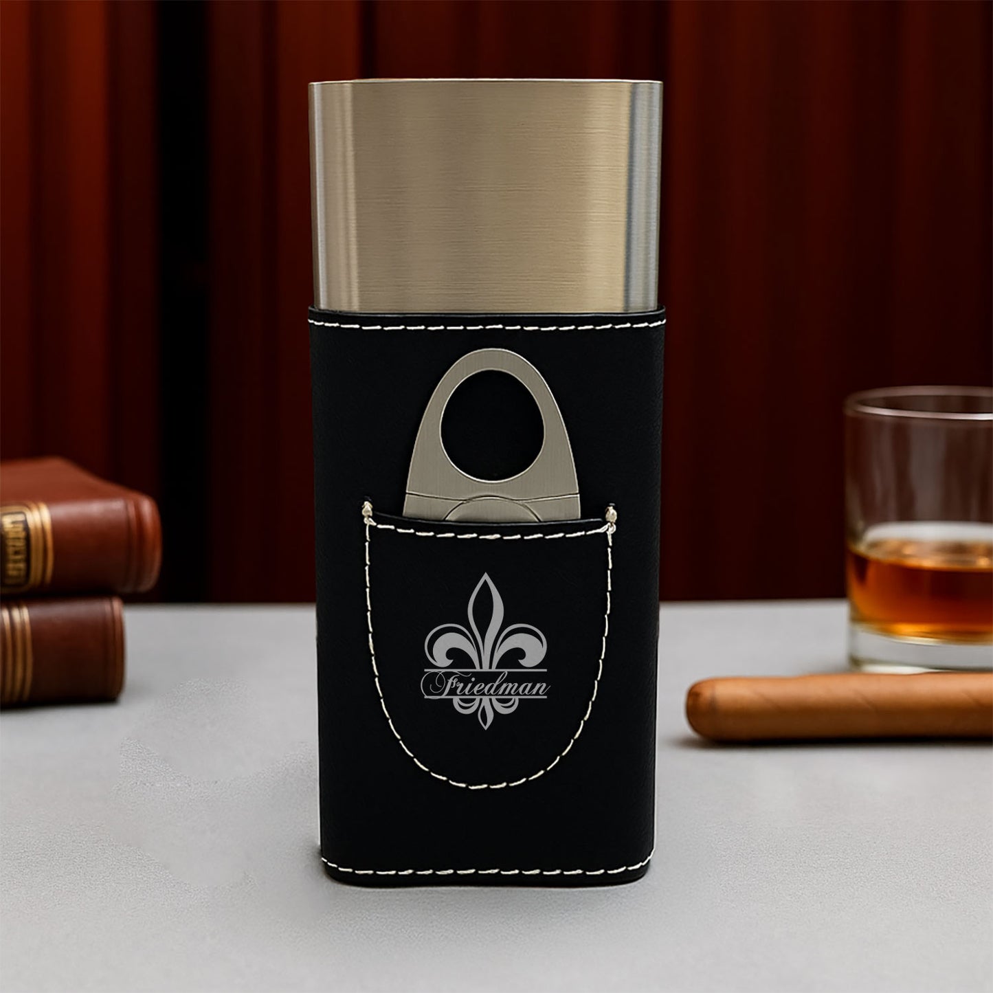 Fleur De Lis Personalized Travel Cigar Case with Cutter - Custom Cigar Gift Set