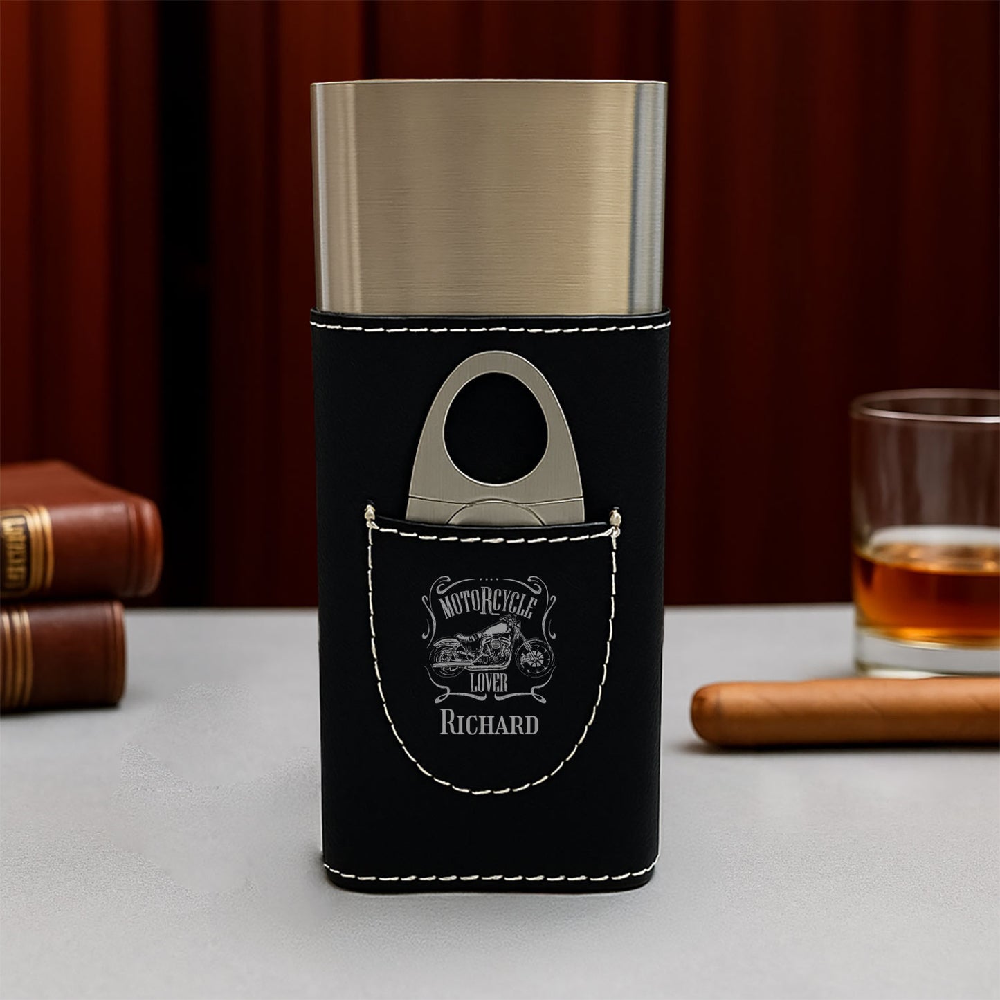 Motorcycle Rider Personalized Travel Cigar Case with Cutter - Custom Cigar Gift Set