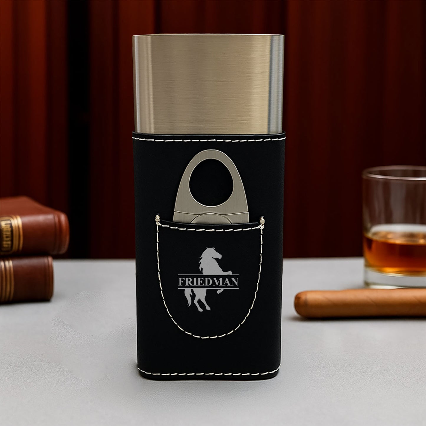 Equestrian Horse Personalized Travel Cigar Case with Cutter - Custom Cigar Gift Set