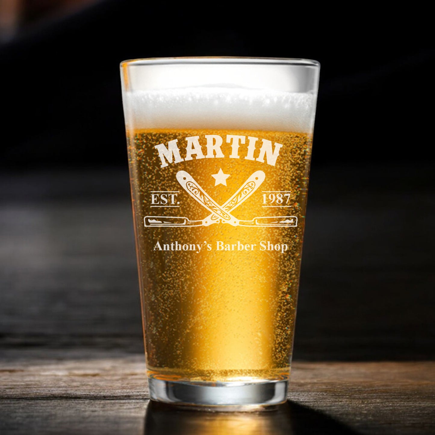 Barber Personalized Beer Mug and Beer Pint Glass Set