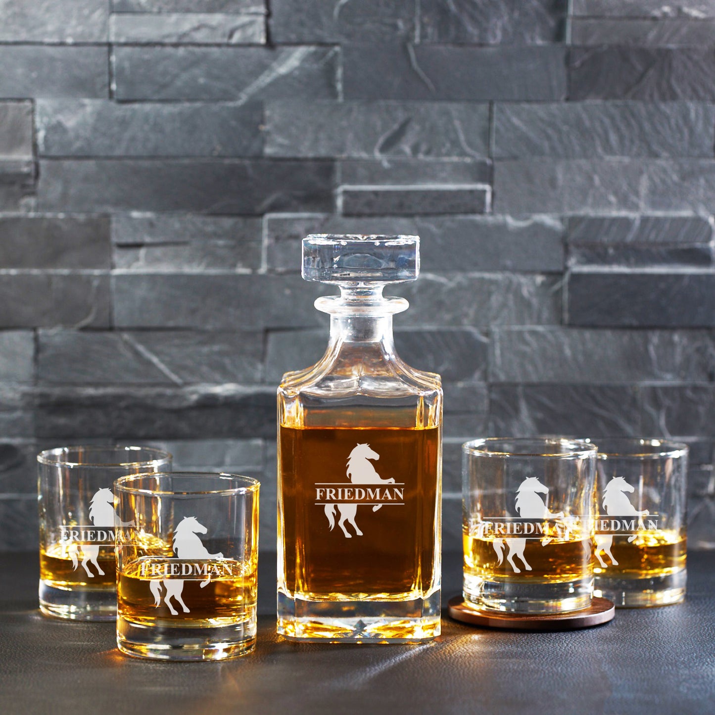 Equestrian Horse Personalized Classic Whiskey Decanter with Glasses Gift Set