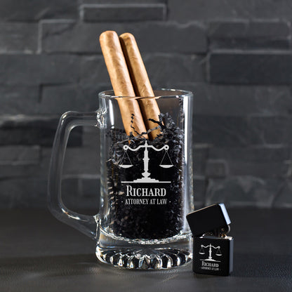 Lawyer Personalized Cigar Lighter & Super Size Beer Mug Gift Set