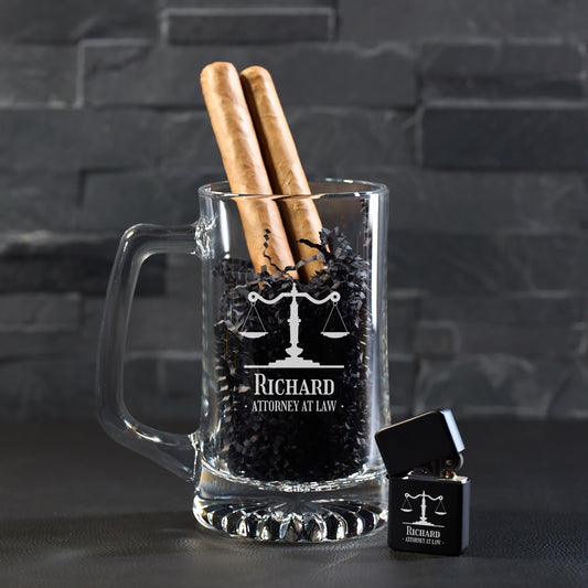 Lawyer Personalized Cigar Lighter & Super Size Beer Mug Gift Set