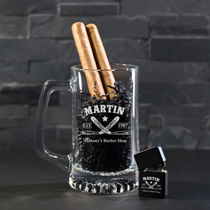 Barber Personalized Cigar Lighter & Super Size Beer Mug Gift Set