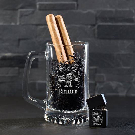 Motorcycle Rider Personalized Cigar Lighter & Super Size Beer Mug Gift Set
