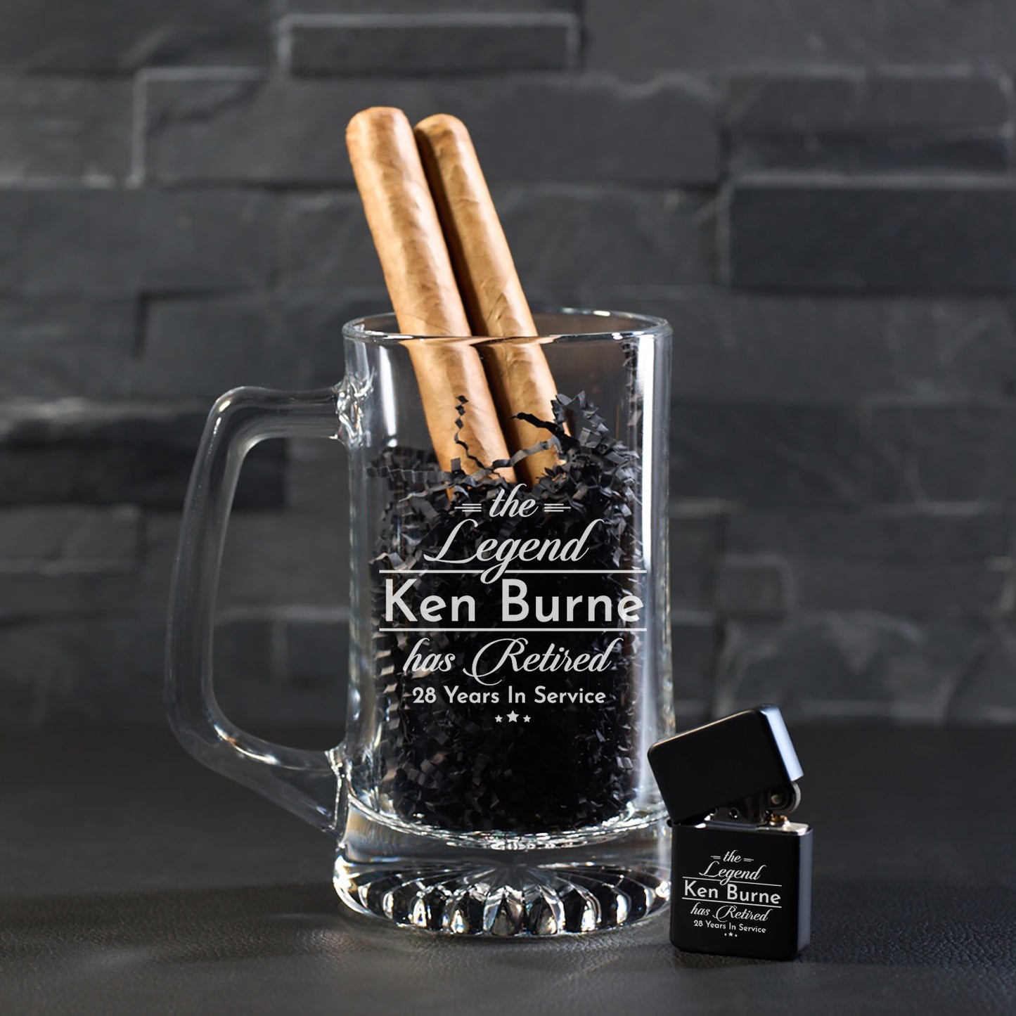 The Legend Has Retired Personalized Cigar Lighter & Super Size Beer Mug Gift Set