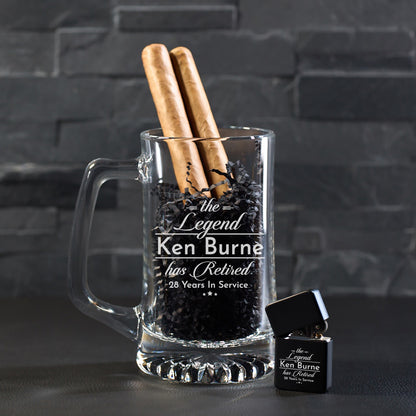 The Legend Has Retired Personalized Cigar Lighter & Super Size Beer Mug Gift Set