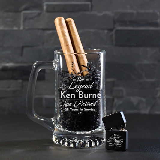 The Legend Has Retired Personalized Cigar Lighter & Super Size Beer Mug Gift Set