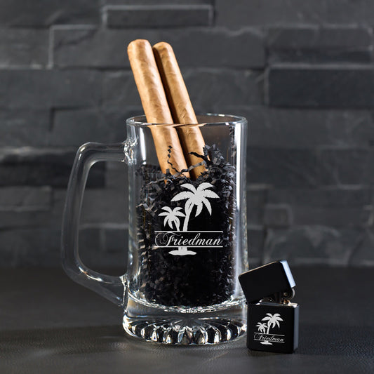 Palm Tree Personalized Cigar Lighter & Super Size Beer Mug Gift Set