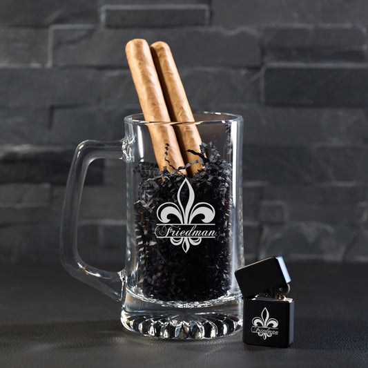 Fleur De Lis Personalized Cigar Lighter & Super Size Beer Mug Gift Set