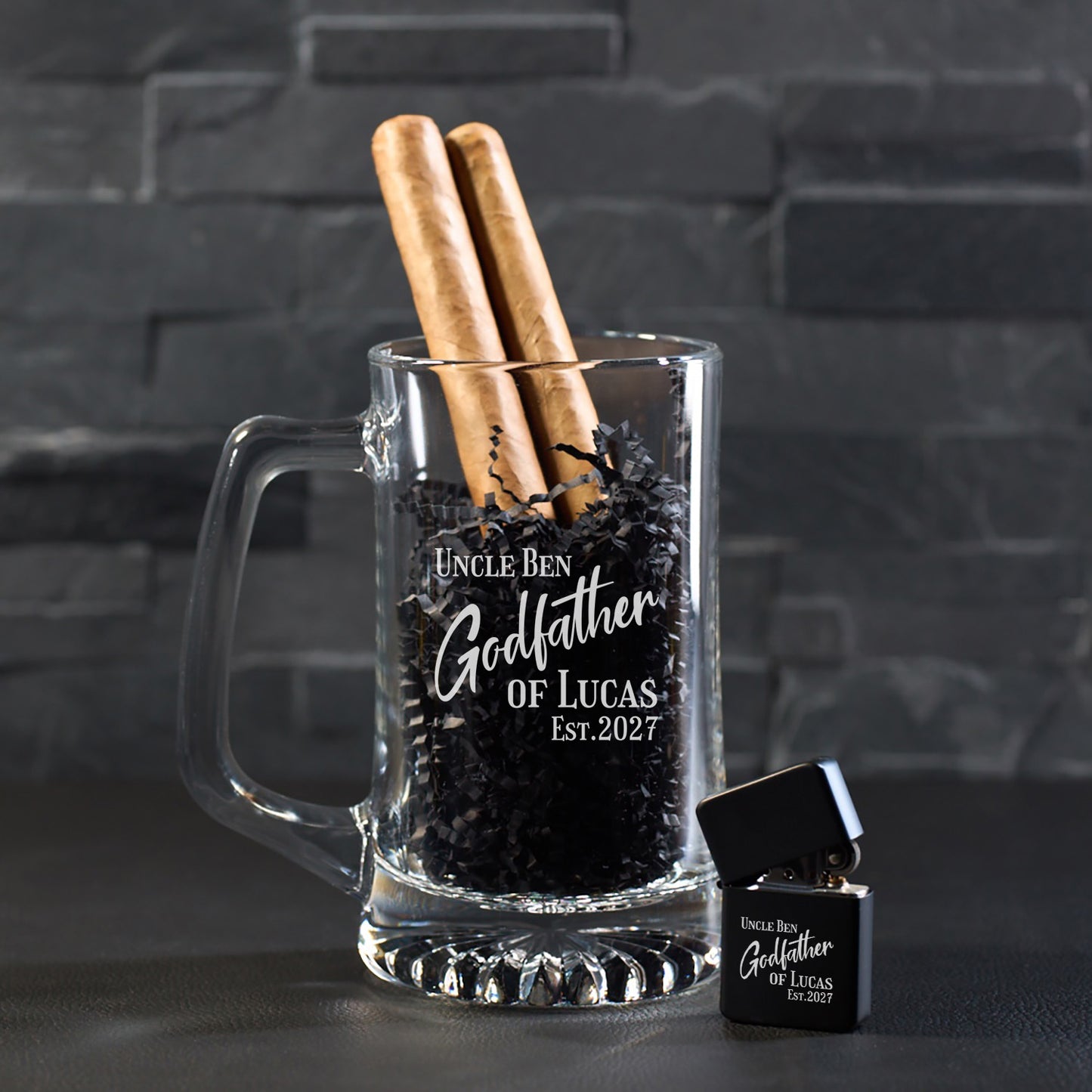 Godfather Padrino Personalized Cigar Lighter & Super Size Beer Mug Gift Set