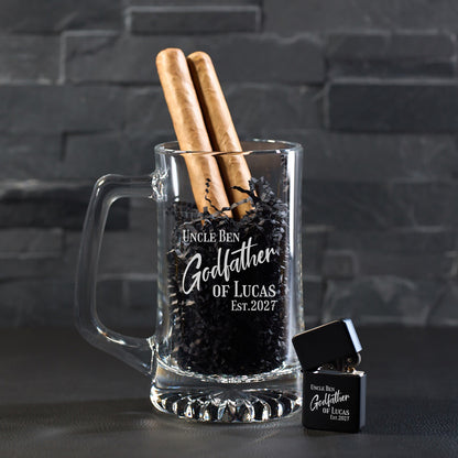 Godfather Padrino Personalized Cigar Lighter & Super Size Beer Mug Gift Set