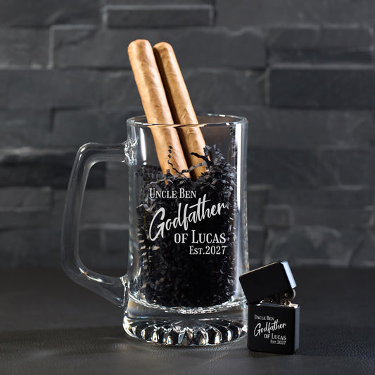 Godfather Padrino Personalized Cigar Lighter & Super Size Beer Mug Gift Set